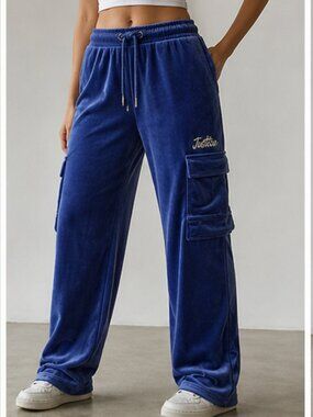 Girls Velour Cargo Pants Blue Size L 12 14 Teen Lounge Wide Leg Pants